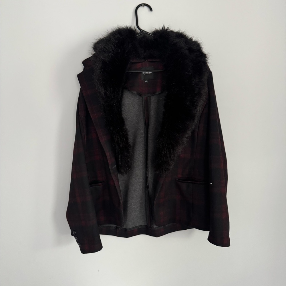 Liverpool Black and Red Plaid Blazer with Faux Fur Collar